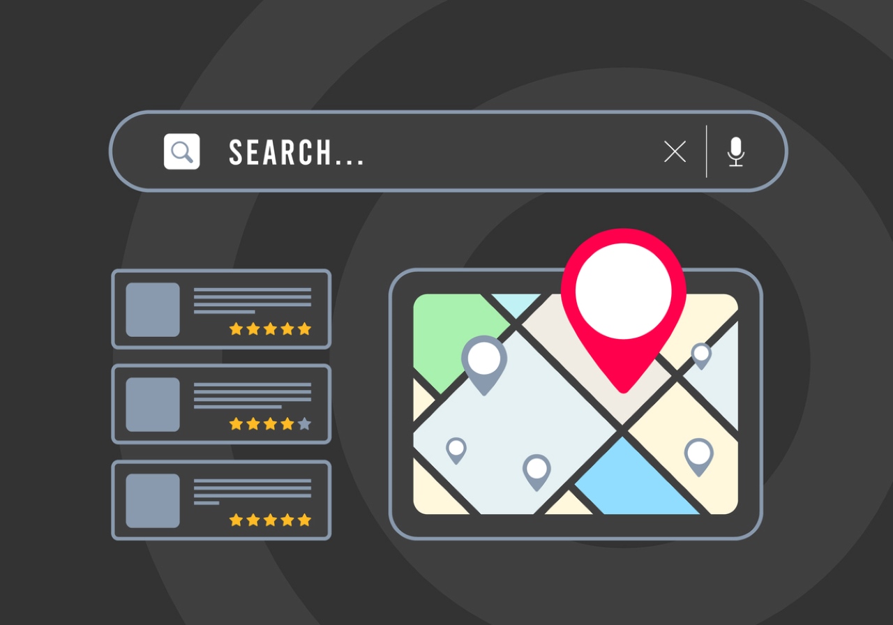 Browser with local business listing, map and red pin icon, search result with nearby places with star rating